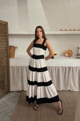 Bej Arkası Fiyonklu Keten Elbise