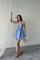 Mavi Önü Fiyonklu Askılı Elbise