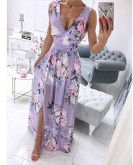 Kadın şifon Kumaş V Yaka Sıfır Kol Maxi Boy Elbise