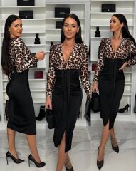 Kadın Dijital Baskılı Full Likralı Kristal örme Kumaş Drape Detaylı Yırtmaç Dekolteli Midi Boy Elbise