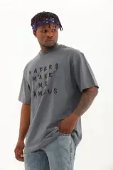 Unisex Oversize Baskılı Bisiklet Yaka T-Shirt - Füme