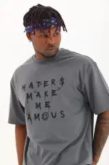 Unisex Oversize Baskılı Bisiklet Yaka T-Shirt - Füme