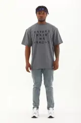 Unisex Oversize Baskılı Bisiklet Yaka T-Shirt - Füme