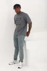 Unisex Oversize Baskılı Bisiklet Yaka T-Shirt - Füme