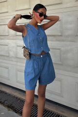 Gümüş Düğmeli Yelek Ve Şort Tensel Takım 10174