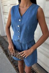 Gümüş Düğmeli Yelek Ve Şort Tensel Takım 10174