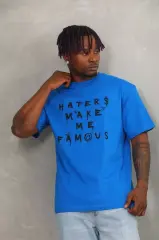 Unisex Oversize Baskılı Bisiklet Yaka T-Shirt - Mavi