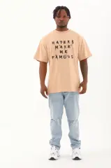 Unisex Oversize Baskılı Bisiklet Yaka T-Shirt - Bej