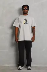 Unisex Oversize Baskılı Bisiklet Yaka T-Shirt - Gri