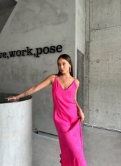 JAKARLI ASKILI SATEN ELBİSE ASİMETRİK - Pembe