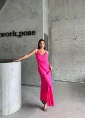 JAKARLI ASKILI SATEN ELBİSE ASİMETRİK - Pembe