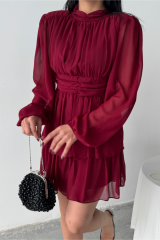 ŞİFON KATLI UZUN KOL ELBİSE - Bordo