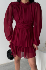 ŞİFON KATLI UZUN KOL ELBİSE - Bordo