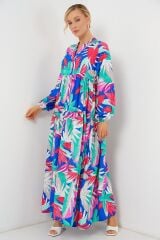 2423 Otantik Desenli Tesettür Elbise - D.Pembe