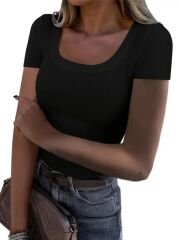 Kadın Kısa Kollu Kare Yaka Basic Kaşkorse Bluz