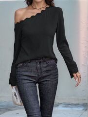 Kadın Uzun Kollu Tek Omuzu Açık Dantelli Burgu Bluz