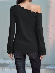 Kadın Uzun Kollu Tek Omuzu Açık Dantelli Burgu Bluz