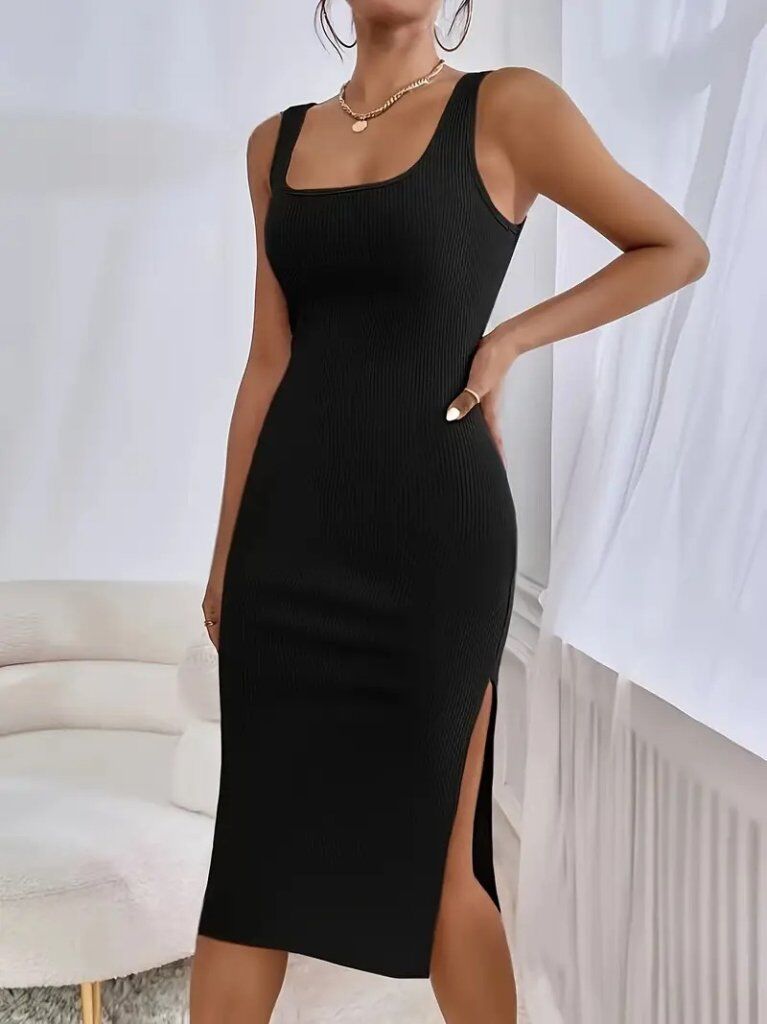 Kadın Askılı Kare Yaka Yandan Yırtmaçlı Midi Kaşkorse Elbise