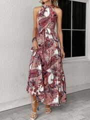 Kadın Halter Yakalı Omuzlardan Açık Kuşaklı Maksi Boy Desenli Süprem Elbise