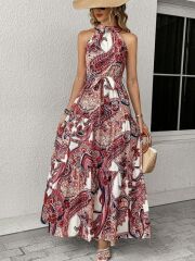 Kadın Halter Yakalı Omuzlardan Açık Kuşaklı Maksi Boy Desenli Süprem Elbise