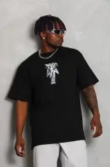 Unisex Oversize Baskılı Bisiklet Yaka T-Shirt - Siyah