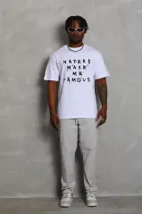 Unisex Oversize Baskılı Bisiklet Yaka T-Shirt - Beyaz