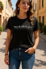 Kadın Kısa Kollu önü Yazı Baskılı Basic Süprem Bluz