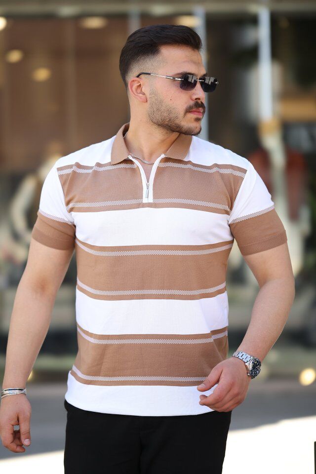 Erkek Yakalı Fermuarlı çift Renk Kısa Kollu T-shirt