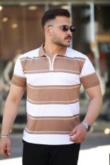 Erkek Yakalı Fermuarlı çift Renk Kısa Kollu T-shirt