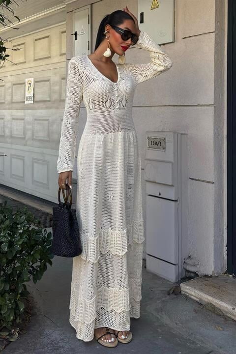 Düğme Detaylı Ve Kat Etekli Etnik Elbise 2859