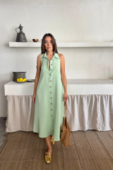 KETEN ÖNDEN DÜĞMELİ KOLSUZ GÖMLEK YAKA ELBİSE - Mint