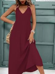 Kadın Askılı V Yakalı Halka Detaylı Maksi Boy Viskon Elbise