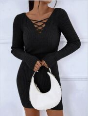 Kadın Uzun Kollu V Yakalı çapraz şerit Detaylı şardonlu Kaşkorse Midi Elbise