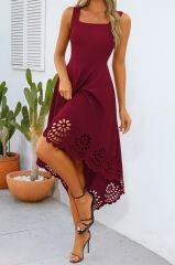 Kadın Askılı Geometrik Yaka çiçek Lazer Kesim Ithal Krep Elbise