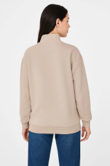 Üç İplik Dık Yaka Yarım Fermuarlı SweatShirt - Bej