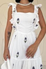 Lacivert Sıfır Kol Fırfırlı Elbise