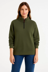 Üç İplik Dık Yaka Yarım Fermuarlı SweatShirt - Haki