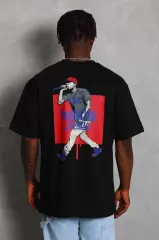 Unisex Oversize Baskılı Bisiklet Yaka T-Shirt - Siyah