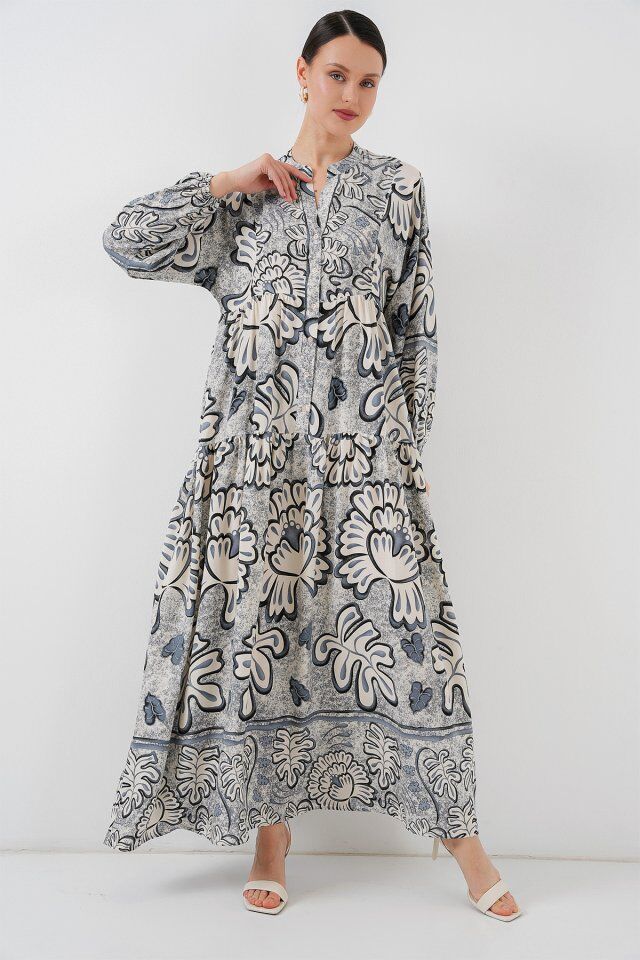 2423 Otantik Desenli Tesettür Elbise - K. Antrasit