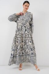 2423 Otantik Desenli Tesettür Elbise - K. Antrasit