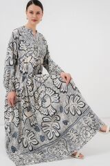 2423 Otantik Desenli Tesettür Elbise - K. Antrasit