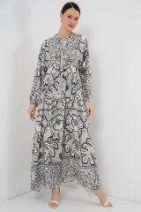 2423 Otantik Desenli Tesettür Elbise - K. Antrasit