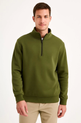 Erkek Dik Yaka Sweatshirt Dik Yaka Yarım Fermuarlı 3 İplik Şardonlu Pamuk Kumaş - Haki