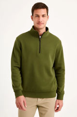 Erkek Dik Yaka Sweatshirt Dik Yaka Yarım Fermuarlı 3 İplik Şardonlu Pamuk Kumaş - Haki