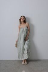 Askılı Çizgi Desen Elbise - Haki