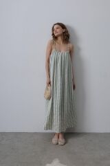 Askılı Çizgi Desen Elbise - Haki