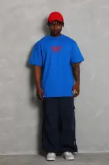 Unisex Oversize Baskılı Bisiklet Yaka T-Shirt - Mavi