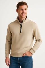 Erkek Dik Yaka Sweatshirt Dik Yaka Yarım Fermuarlı 3 İplik Şardonlu Pamuk Kumaş - Bej