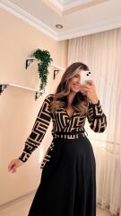 Kadın Uzun Kollu Kruvaze Yaka Dalgıç Krep Midi Boy Elbise