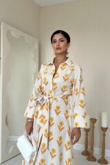 Bej Desenli Ve Önü Düğmeli Keten Elbise